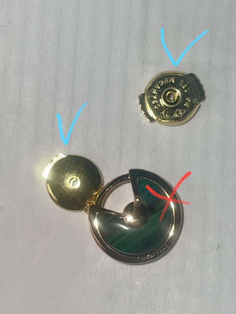 Cartier's Yellow Gold Pushbacks for YOUR Round Green Pin Earrings - Picture 5 of 6